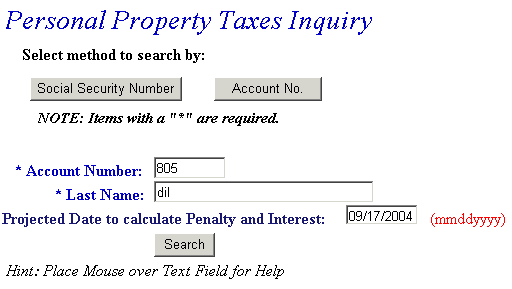 Search by account number example screen