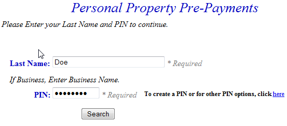 Enter PIN and last name example screen