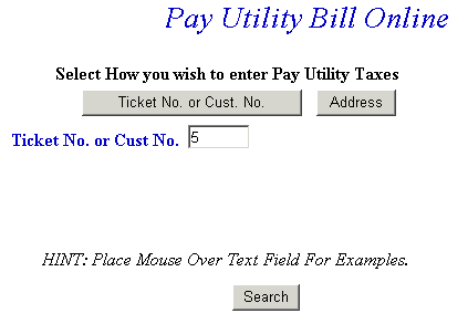 Pay using ticket number or customer number example screen
