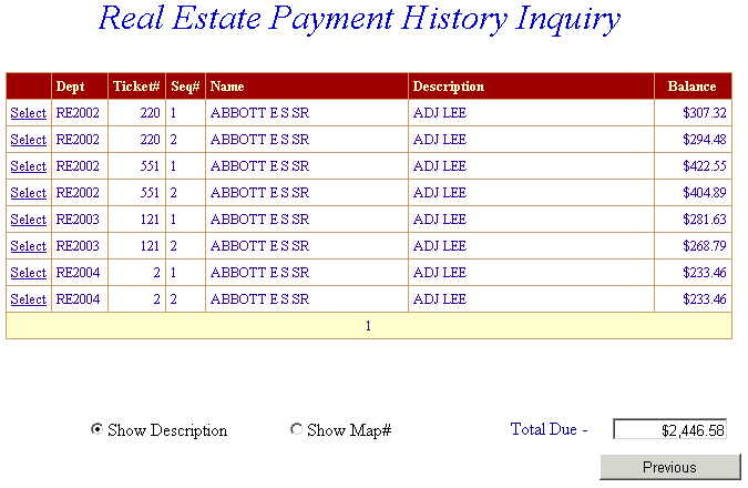 Payment history screen example